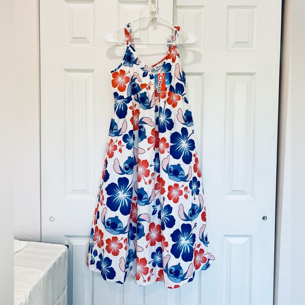 Disney Stitch with Floral Print Spaghetti Straps Women Blue and Red Dresses - Picture 2 of 11